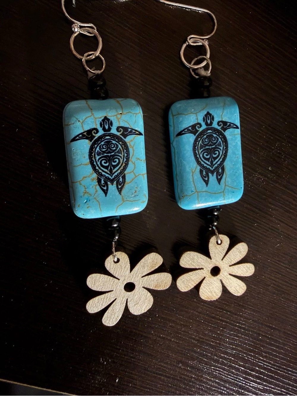 Turquoise Turtle Pendant Earrings with Wooden Flower Charms